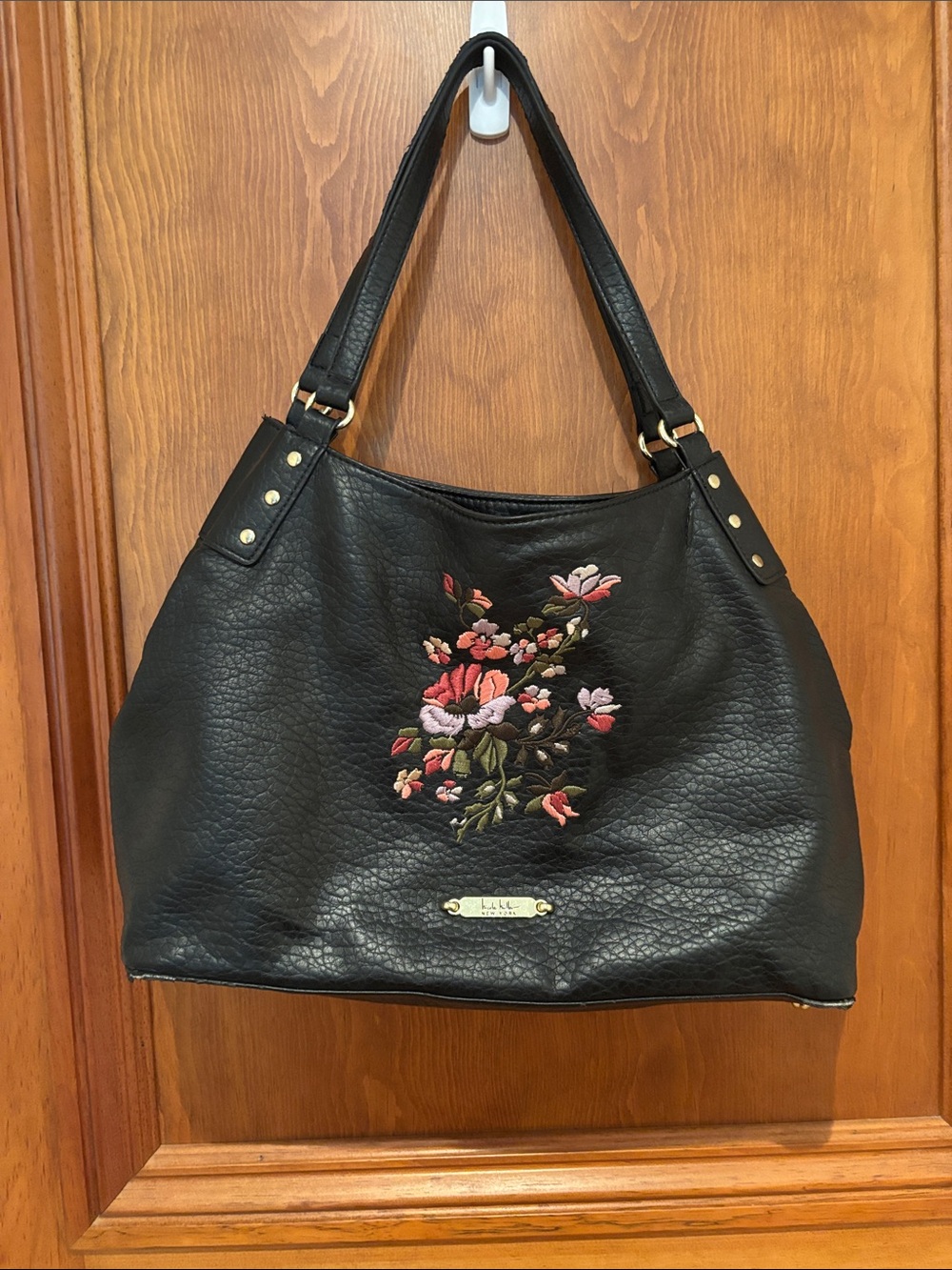 Nicole Miller Black Shoulder Tote with Pink and Red Floral Embroidery